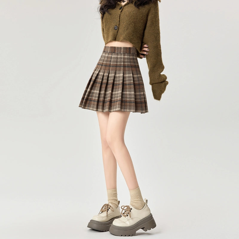 Retro Korean Style Plaid Pleated Short Skirt