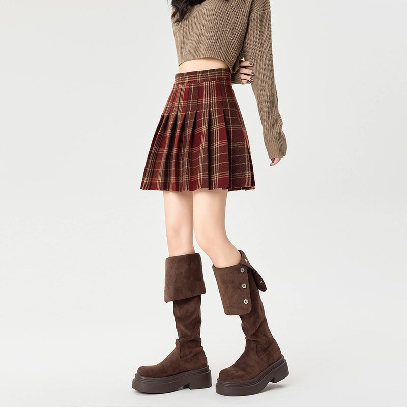 Retro Korean Style Plaid Pleated Short Skirt