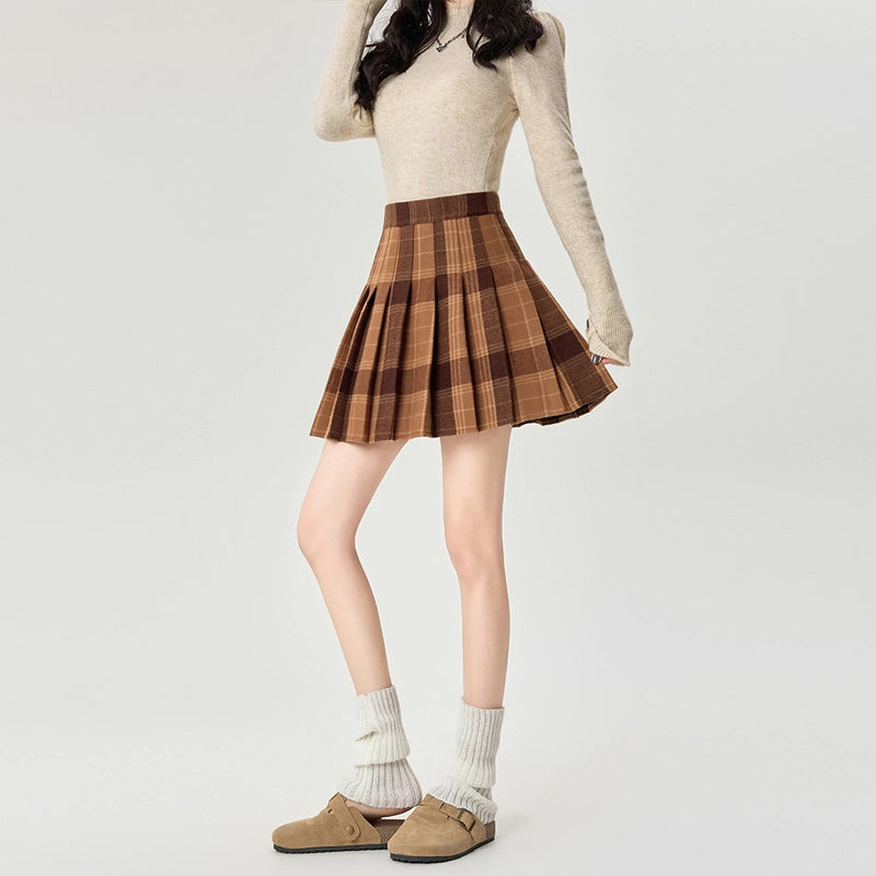 Retro Korean Style Plaid Pleated Short Skirt