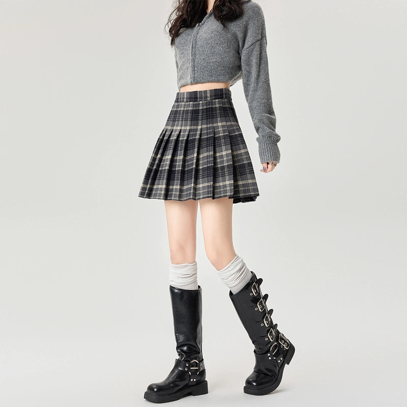 Retro Korean Style Plaid Pleated Short Skirt