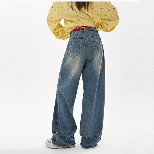 Retro Style Blue Bow-knot Patch High Waist Jeans