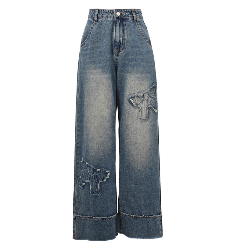 Retro Style Blue Bow-knot Patch High Waist Jeans
