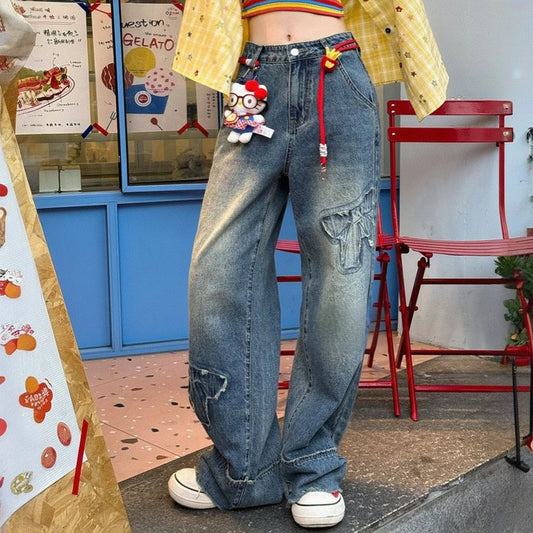 Retro Style Blue Bow-knot Patch High Waist Jeans