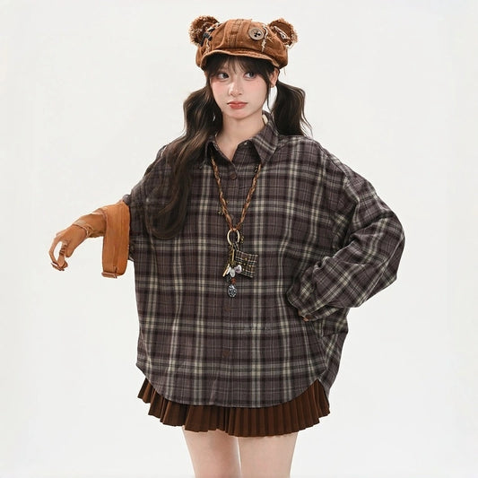 Retro Style Brown Plaid Long-sleeved Blouse