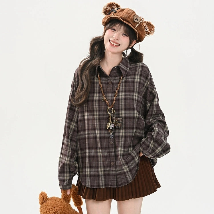 Retro Style Brown Plaid Long-sleeved Blouse
