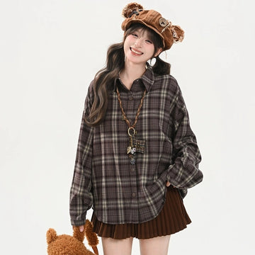 Retro Style Brown Plaid Long-sleeved Blouse