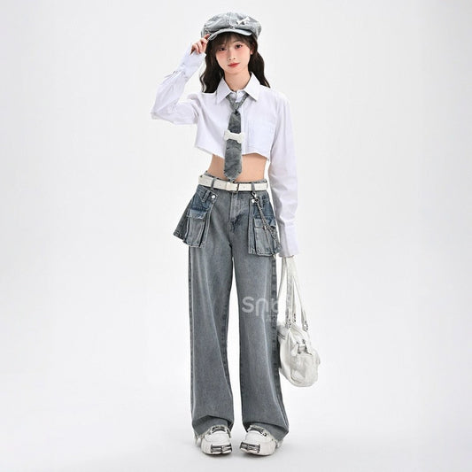 Retro Style Large Pocket Design High-Waisted Straight Jeans