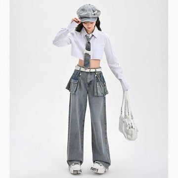Retro Style Large Pocket Design High-Waisted Straight Jeans