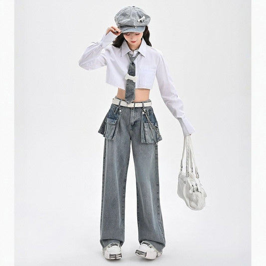 Retro Style Large Pocket Design High-Waisted Straight Jeans