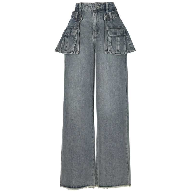Retro Style Large Pocket Design High-Waisted Straight Jeans