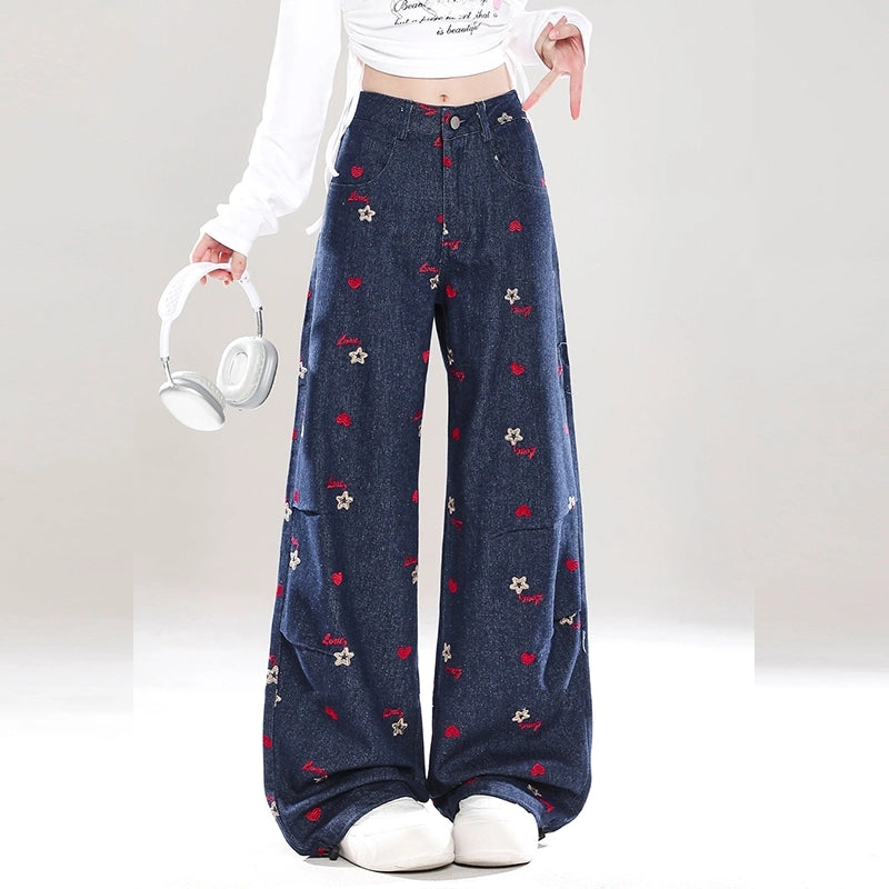 Retro Style Red Small Flower Embroidered Straight Jeans