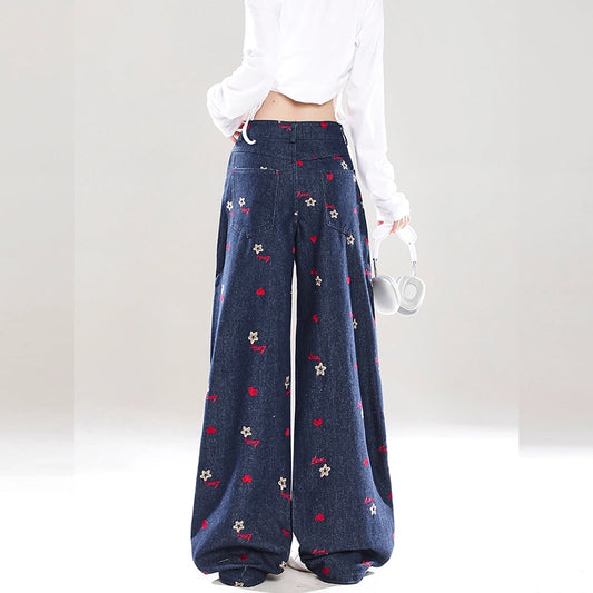 Retro Style Red Small Flower Embroidered Straight Jeans