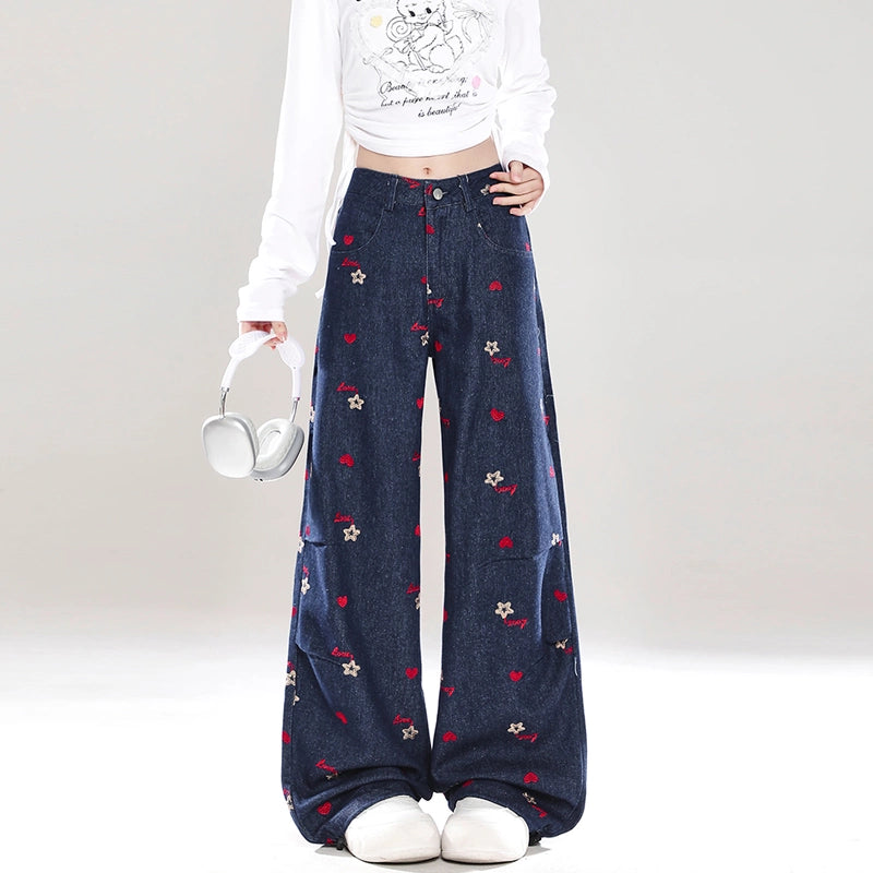 Retro Style Red Small Flower Embroidered Straight Jeans