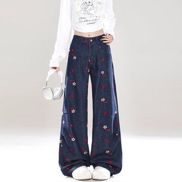 Retro Style Red Small Flower Embroidered Straight Jeans