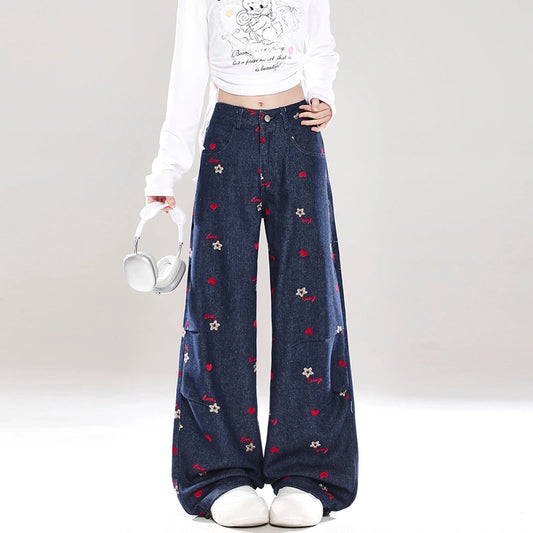 Retro Style Red Small Flower Embroidered Straight Jeans