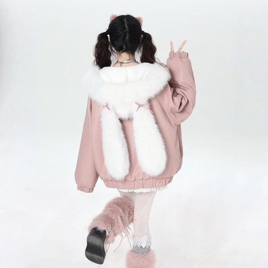 Snow Girl Bunny Ear Hooded Leather Jacket