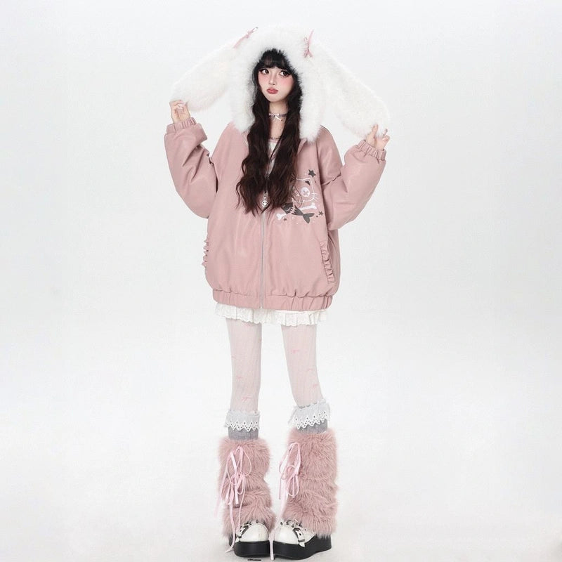 Snow Girl Bunny Ear Hooded Leather Jacket