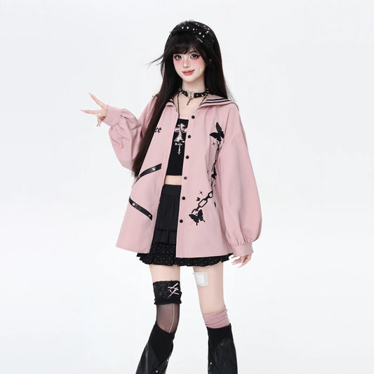 Soft Asia Style Butterfly Embroidered Navy Collar Blouse