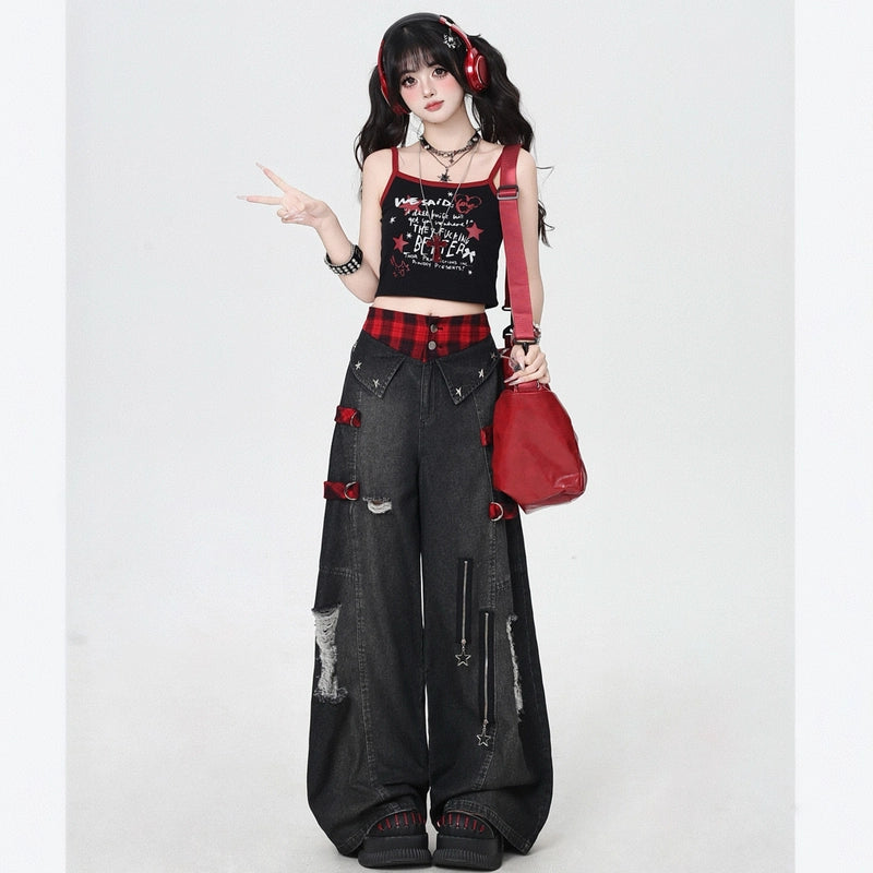 Soft Asian Aesthetic Black Ripped Jeans