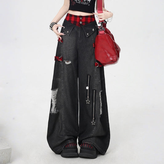 Soft Asian Aesthetic Black Ripped Jeans