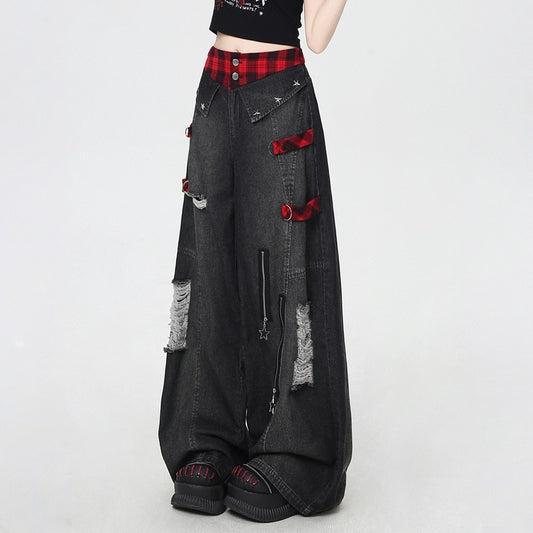 Soft Asian Aesthetic Black Ripped Jeans