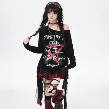 Soft Asian Aesthetic Five-pointed Star Graffiti T-shirt