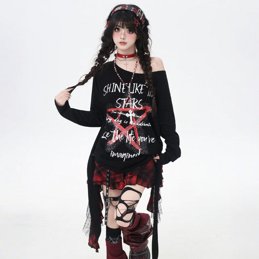 Soft Asian Aesthetic Five-pointed Star Graffiti T-shirt