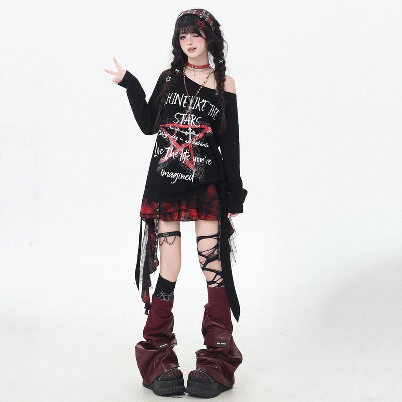 Soft Asian Aesthetic Five-pointed Star Graffiti T-shirt