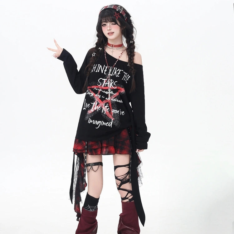 Soft Asian Aesthetic Five-pointed Star Graffiti T-shirt