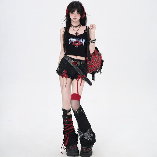 Soft Asian Aesthetic Straps Low Waist Denim Shorts