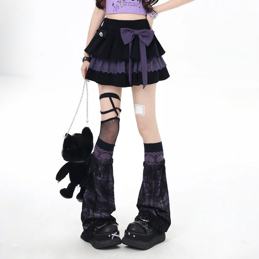 Soft Asian Style Black and Purple Bow Cake Skirt