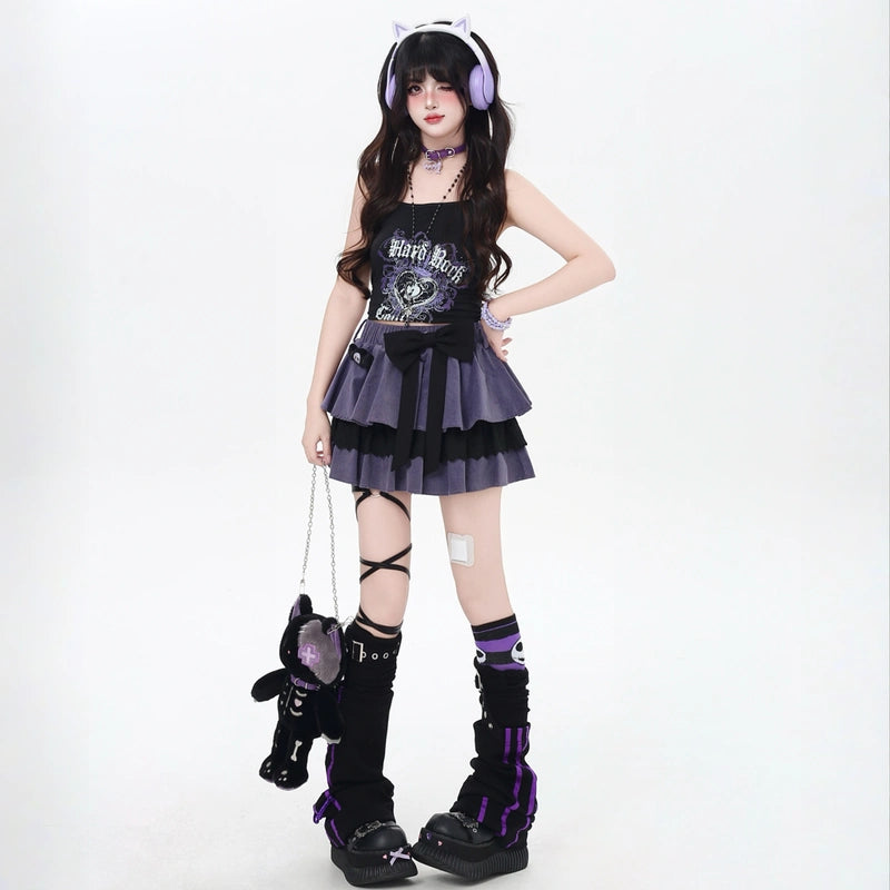 Soft Asian Style Black and Purple Bow Cake Skirt