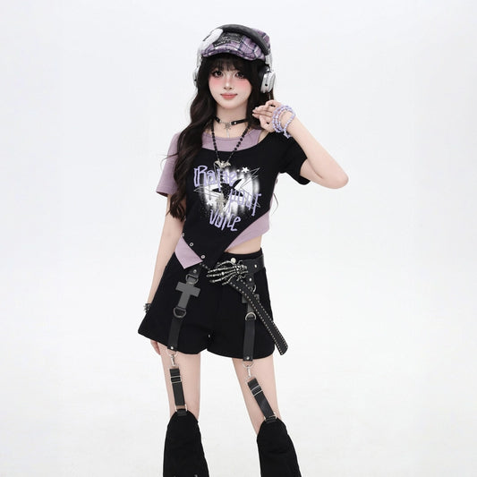 Soft Asian Style Contrast Color Fake Two-Piece T-shirt