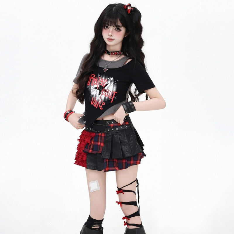 Soft Asian Style Contrast Color Fake Two-Piece T-shirt