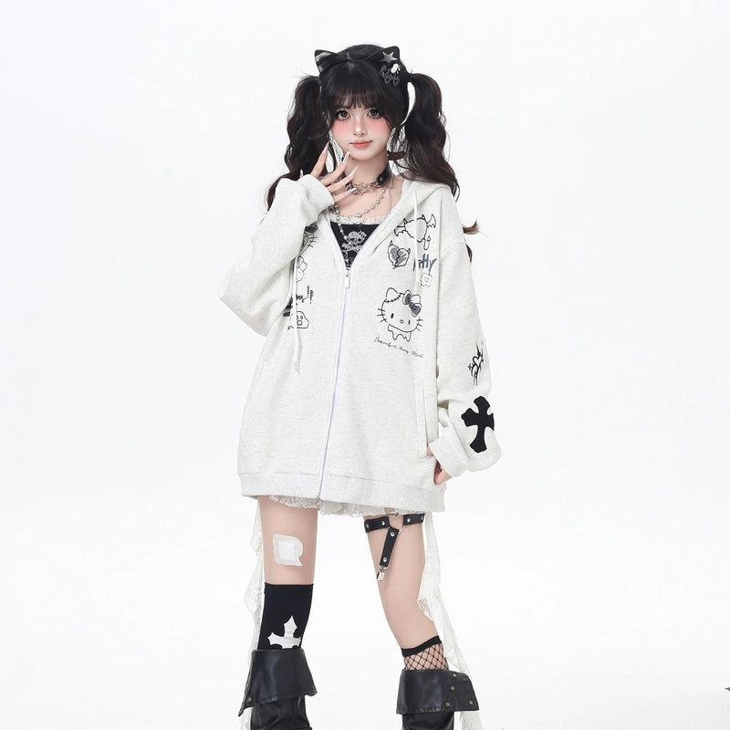 Soft Asian Style Hello Kitty Print Hooded Coat
