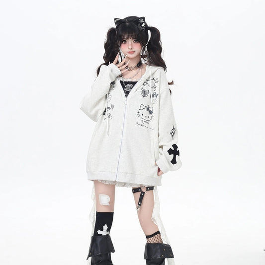 Soft Asian Style Hello Kitty Print Hooded Coat