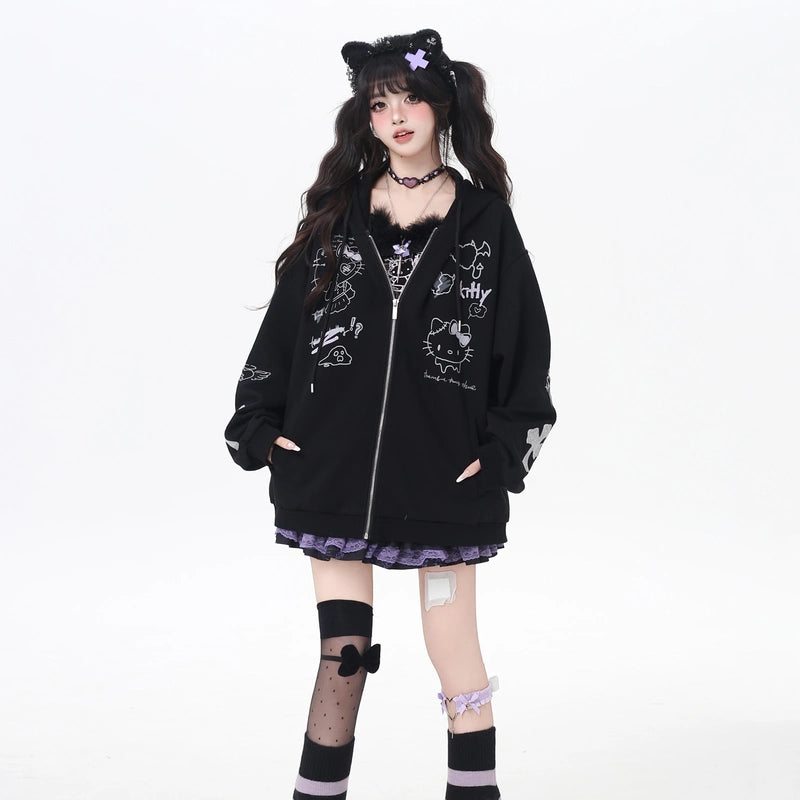 Soft Asian Style Hello Kitty Print Hooded Coat