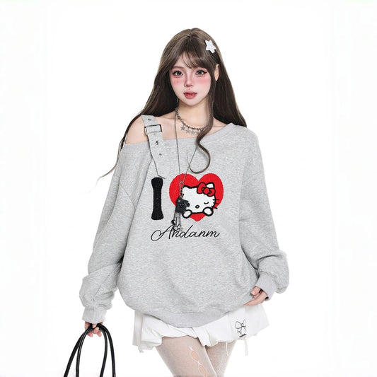 Soft Asian Style Hello Kitty Print Off-Shoulder Sweatshirt