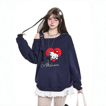 Soft Asian Style Hello Kitty Print Off-Shoulder Sweatshirt