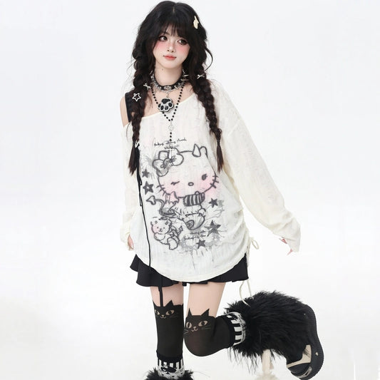 Soft Asian Style Hello Kitty Printed Long-Sleeved T-shirt