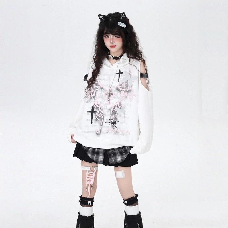 Soft Asian Style Off-the-Shoulder Check Hooded Sweatshirt