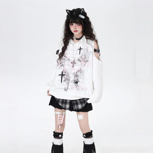 Soft Asian Style Off-the-Shoulder Check Hooded Sweatshirt