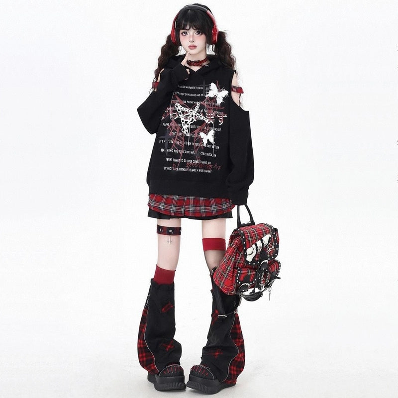 Soft Asian Style Off-the-Shoulder Check Hooded Sweatshirt