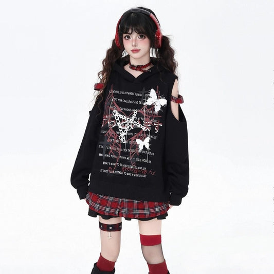 Soft Asian Style Off-the-Shoulder Check Hooded Sweatshirt