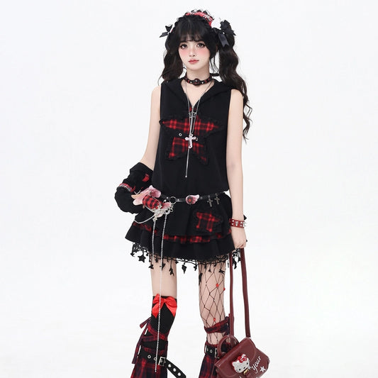 Soft Asian Style Star Plaid Patch Hooded Cat Ear Dress