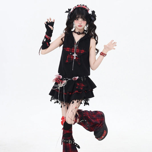 Soft Asian Style Star Plaid Patch Hooded Cat Ear Dress
