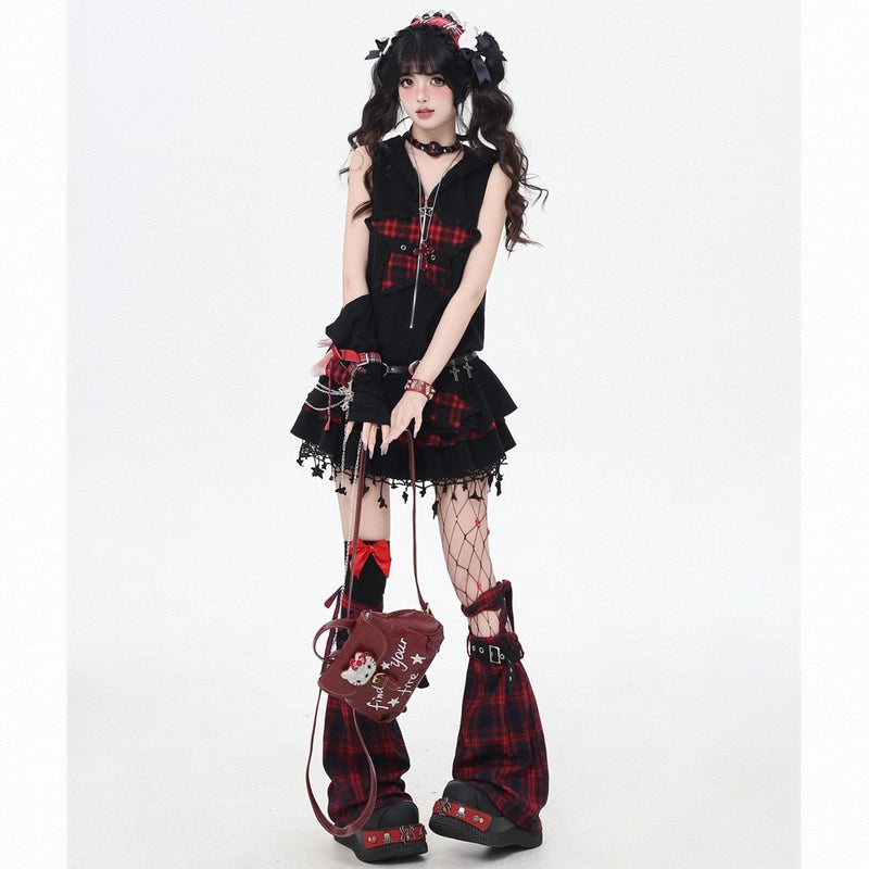 Soft Asian Style Star Plaid Patch Hooded Cat Ear Dress