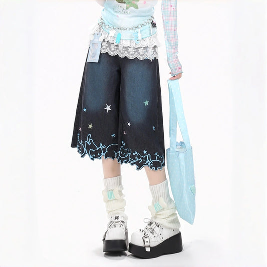 Starry Cat Embroidered Wide-Leg Denim Capri Pants
