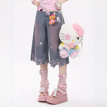 Starry Cat Embroidered Wide-Leg Denim Capri Pants