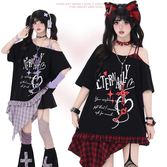 Subculture Fashion Plaid Patchwork Off-shoulder T-shirt